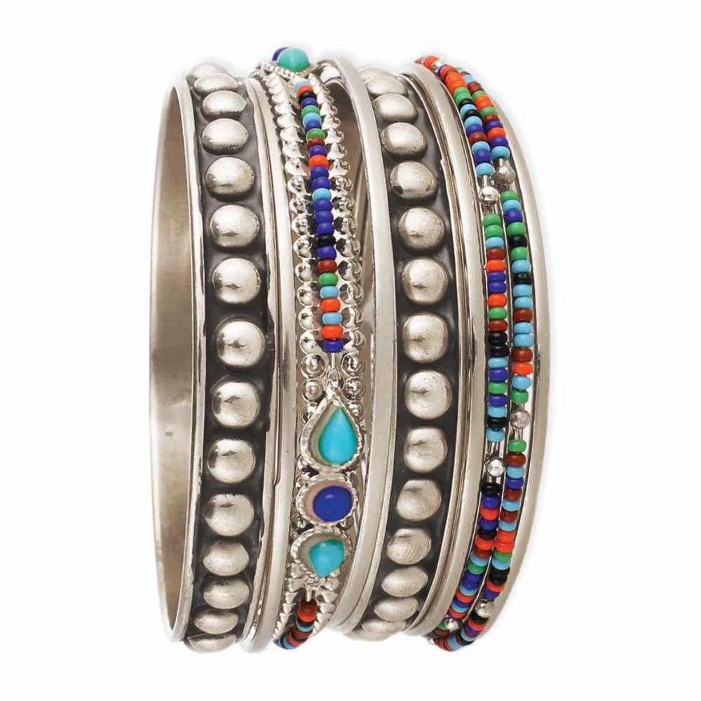 NEW~Set of 9 Silver & Multi Bead Bangles - Picture 2 of 2